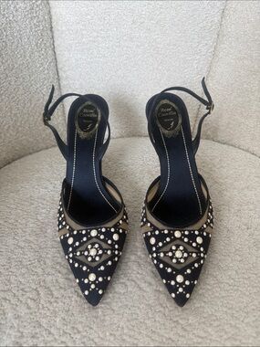 Rene Caovilla Pearl-Stud Slingback Pumps
